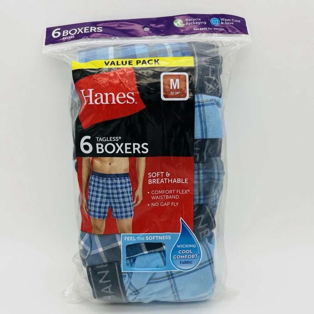 Hanes Mens Boxer Brief Underwear Moisture-Wick Plaids 6 Pk Sz M 32-34